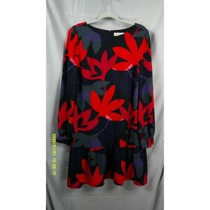 LOFT Black Red Purple Floral Long Sleeve Drop Waist Dress Size L